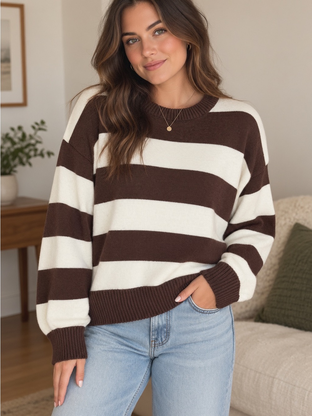 Vigoss Brown and Cream Wide-Striped Crewneck Sweater